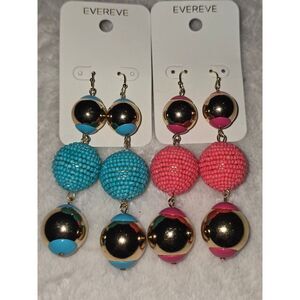 Evereve Statement Earrings Gold Tone Pink Turquoise Bead Ball Drop Dangle